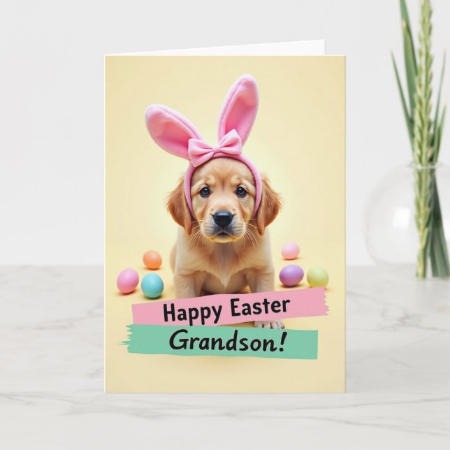 Golden Puppy Pastel Eggs Easter Card (Front)