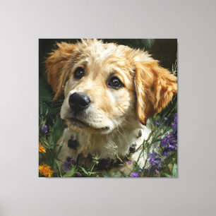 Golden Puppy Wildflower Gaze Canvas Print