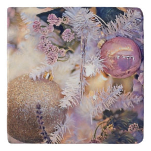 Golden Purple Christmas ornaments watercolor Trivet