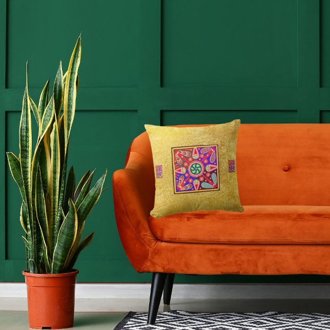 Golden & Purple Mexican Huichol Boho Folk Art Throw Pillow (Creator Uploaded)