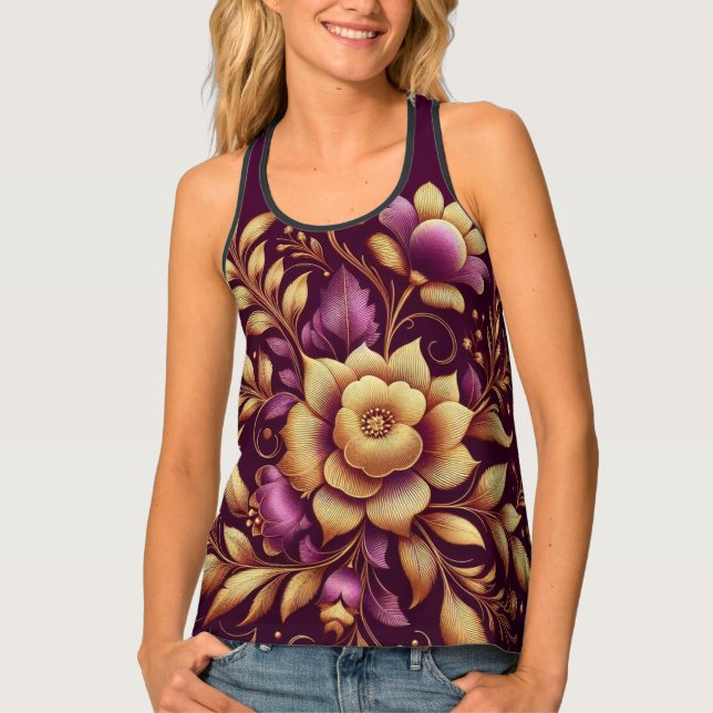 Golden Purple Petal: Royal Floral  Tank Top (Front)