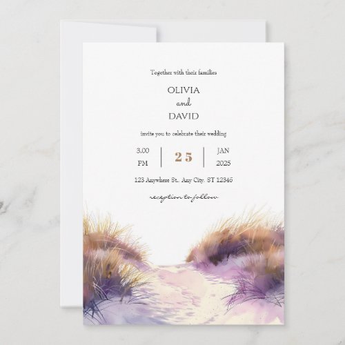 Golden Purple Sunset Sandy Dunes Beach Wedding Invitation