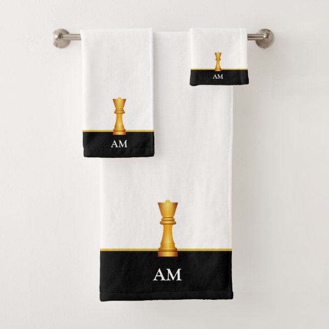Golden Queen & Monogram on Black and White Bath Towel Set (Insitu)