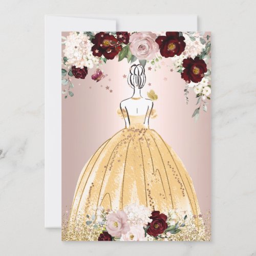 Golden Quinceanera H2 Flowers Dusty Rose Blush Invitation