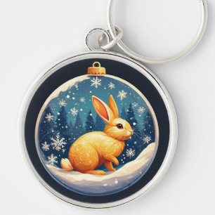 Golden Rabbit Sitting in a Festive Snow Globe Keychain