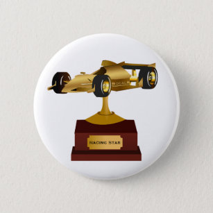 Golden Race Car Trophy Pinback Button