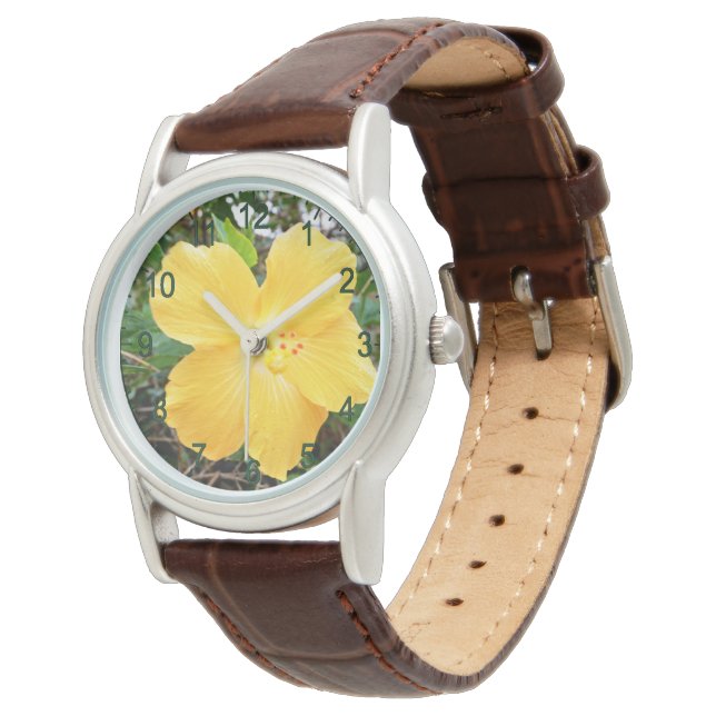 "Golden Radiance: Yellow Hibiscus Flower on a Tree Watch (Angled)