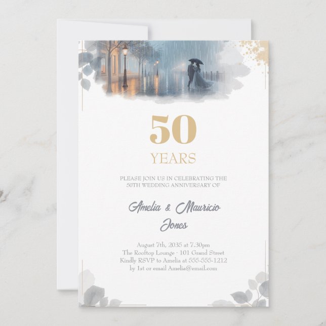 Golden Rain Romance wedding anniversary  Invitation (Front)