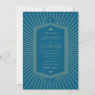 Golden Rays Initials Blue Art Deco Wedding Invitation