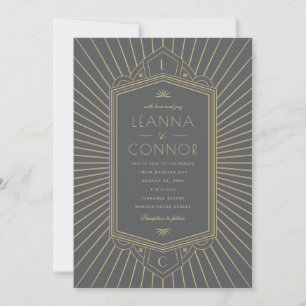 Golden Rays Initials Gray Art Deco Wedding Invitation
