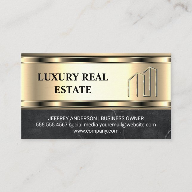 Golden Real Estate Logo | Metallic Gold Marble  Business Card (Front)