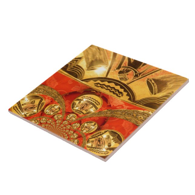 Golden red African traditional art Ceramic Tile (Side)