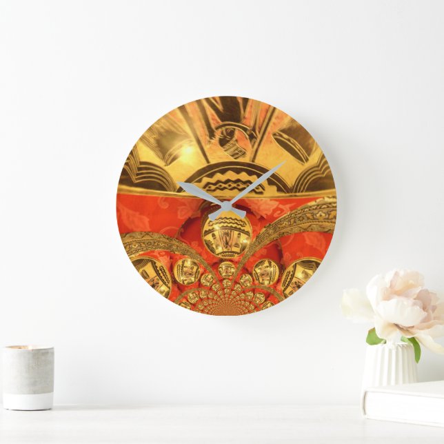 Golden red African traditional art Large Clock (Home)