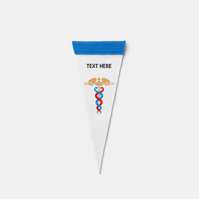 Golden, Red & Blue Caduceus on White Pennant Flag (Front)
