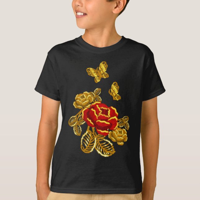 Golden Red Butterfly Flower Plant Florist Gift  T-Shirt (Front)