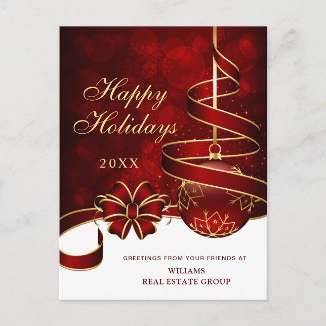 Golden Red Christmas Ball Corporate Greeting Holiday Postcard (Front)