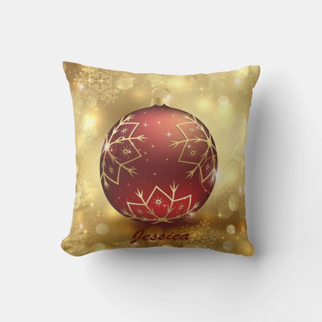 Golden & Red Christmas Ball Holiday Outdoor Pillow (Front)