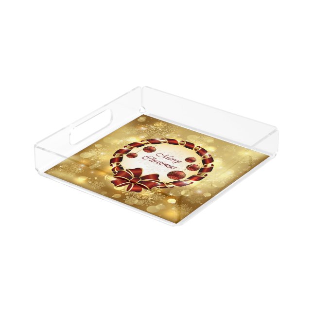 Golden & Red Christmas Wreath with Bow & Snowflake Acrylic Tray (Angled)