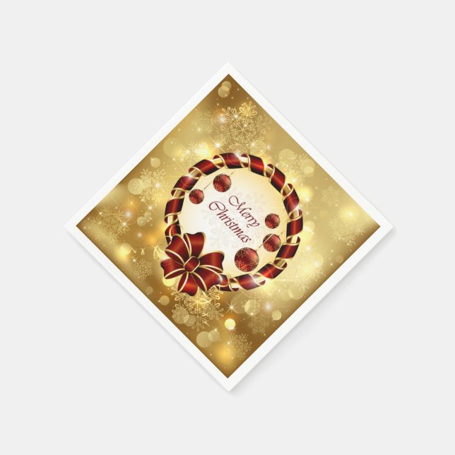 Golden & Red christmas Wreath with Bow & Snowflake Paper Napkins (Corner)