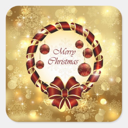 Golden  Red Christmas Wreath with Bow  Snowflake Square Sticker