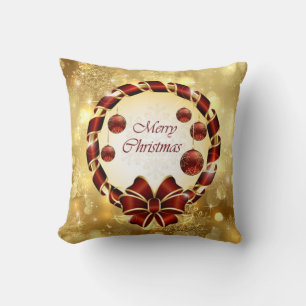 Golden & Red christmas Wreath with Bow & Snowflake Throw Pillow