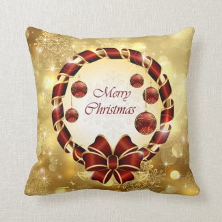 Golden & Red christmas Wreath with Bow & Snowflake Throw Pillow