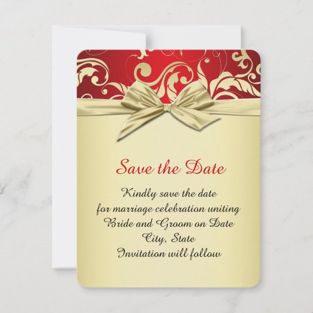 Golden Red Elegant Damask Dream Save the date (Front)