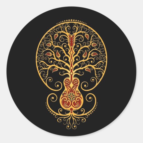 Golden Red Guitar Tree of Life on Black Classic Round Sticker