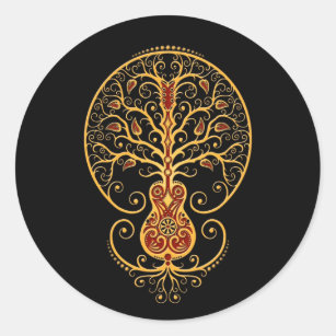 Golden Red Guitar Tree of Life on Black Classic Round Sticker