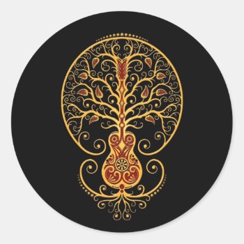 Golden Red Guitar Tree Of Life On Black Classic Round Sticker by JeffBartels at Zazzle