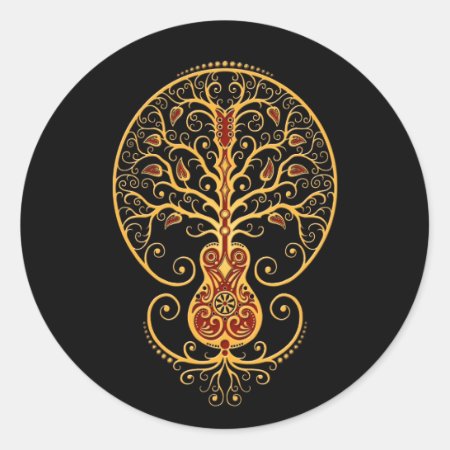 Golden Red Guitar Tree Of Life On Black Classic Round Sticker