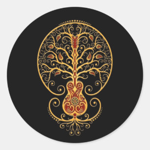 Golden Red Guitar Tree of Life on Black Classic Round Sticker