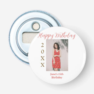 Golden red happy 15th birthday photo name year sim bottle opener