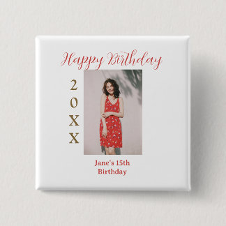 Golden red happy 15th birthday photo name year sim button