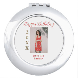 Golden red happy 15th birthday photo name year sim compact mirror