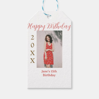 Golden red happy 15th birthday photo name year sim gift tags