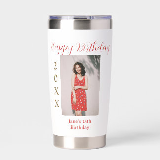 Golden red happy 15th birthday photo name year sim insulated tumbler