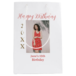 Golden red happy 15th birthday photo name year sim medium gift bag