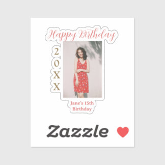 Golden red happy 15th birthday photo name year sim sticker