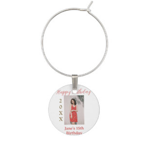 Golden red happy 15th birthday photo name year sim wine charm
