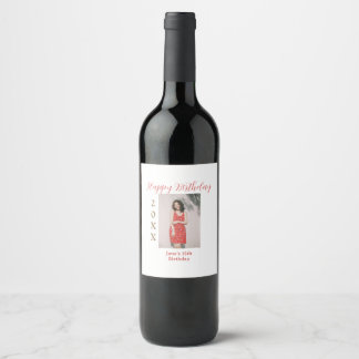 Golden red happy 15th birthday photo name year sim wine label