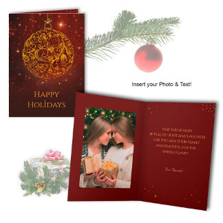 Golden-red Holiday Card with your Photo & Text 