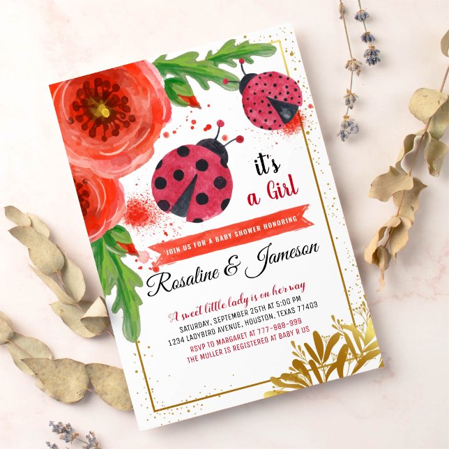 Golden Red Ladybug Watercolour Couples Baby Shower Invitation