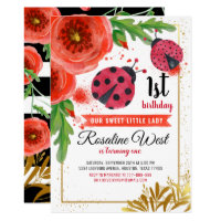 Golden Red Ladybug Watercolour First Birthday Invitation