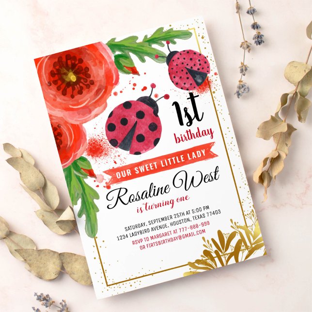 Golden Red Ladybug Watercolour First Birthday Invitation (Creator Uploaded)