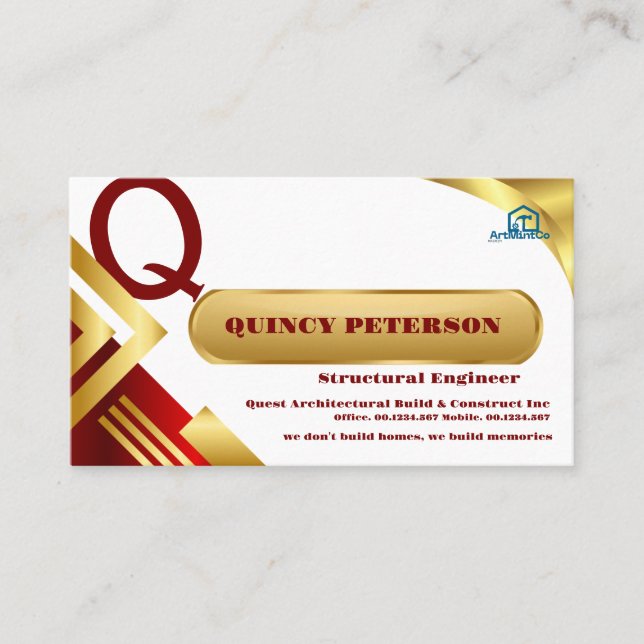 Golden & Red Layers Monogram Initial Founder CEO Business Card (Front)