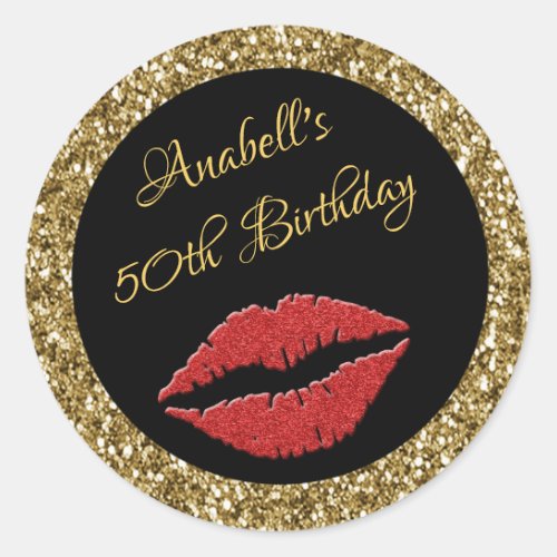 Golden Red Lips 50th Birthday Stickers
