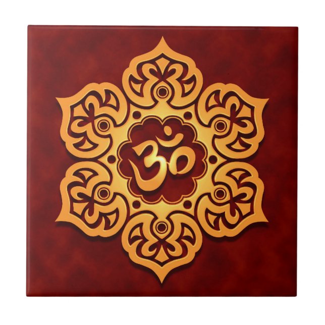 Golden Red Lotus Flower Om Ceramic Tile (Front)
