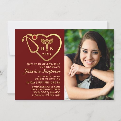 Golden Red Modern Nursing School Graduation Party Invitation