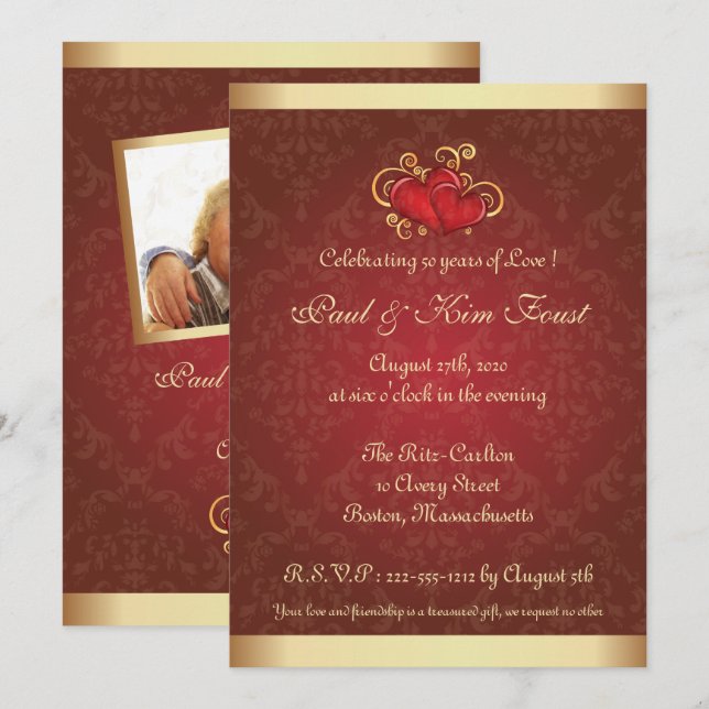Golden Red Photo 50th Wedding Anniversary Invite (Front/Back)